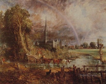  Constable Art Painting - Salisbury Cathedral from the Meadows Romantic landscape John Constable stream